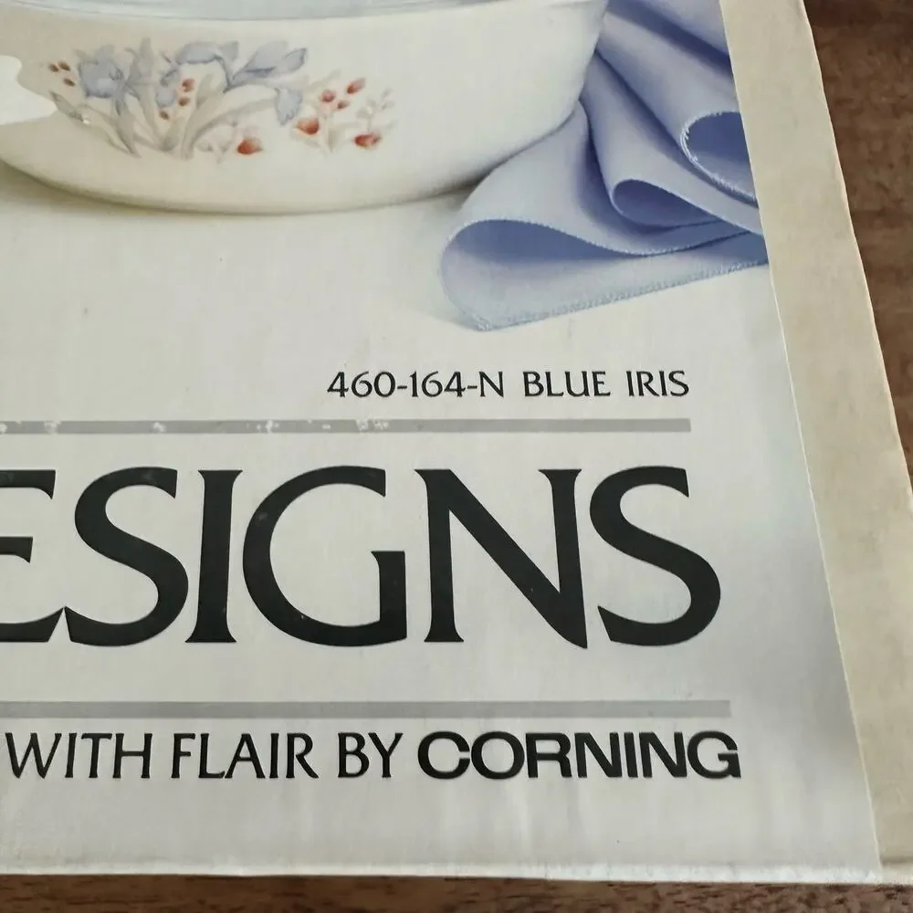 VTG Sealed Pyrex Designs 4 Pc Covered Casserole Set Blue Iris 460-164N England